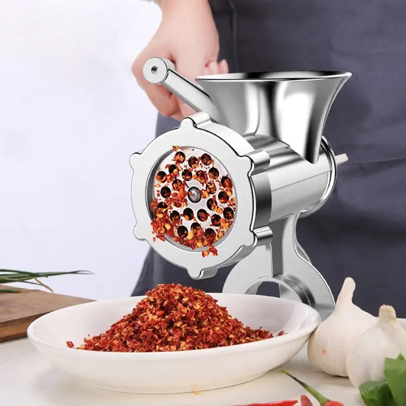 Molino de carne manual de acero inoxidable y picadora de verduras - 2 en 1, herramienta multifuncional para cocina con procesamiento de salchichas, cebolla picada y ajo, cuerpo de hierro fundido resistente, soporte de mesa ajustable, no necesita electric