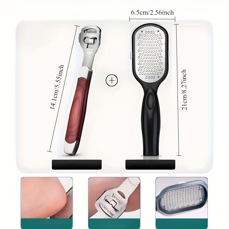 2 piezas, juego profesional de cuidado de pies: Remover + limpiador de pies - Exfolia profundamente la piel muerta, diseño de mango antideslizante, acero inoxidable duradero, perfecto para pedicures en casa y uso en salones, elimine los talones ásperos,