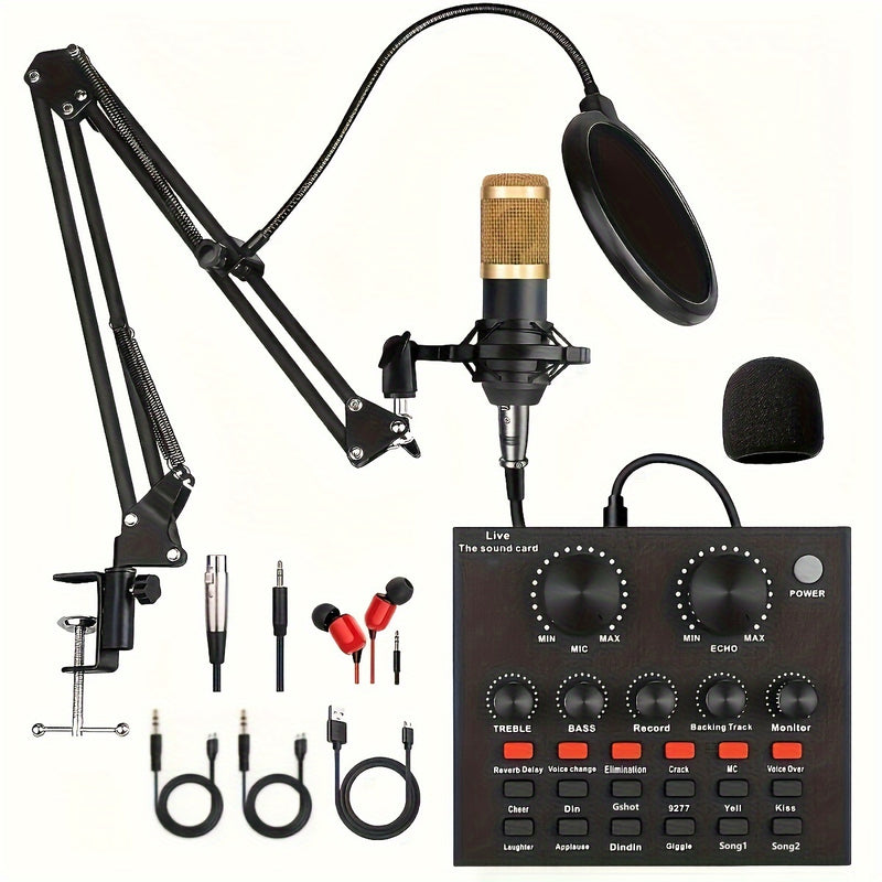 Kit de Podcast con Micrófono de Condensador BM800, Interfaz de Audio V8s con Tarjeta de Sonido En Vivo Todo en Uno, Alimentado por USB/Batería, Conector Jack de 3.5mm, Control de Volumen, Batería de Litio Recargable, Material PP, para Grabación, Transmis
