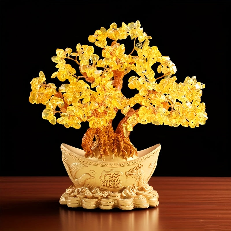 Árbol de Cristal de Oro - Decoración de la Fortuna del Feng Shui, Planta de Interior/Exterior, Ornamento de Escritorio, Estilo Bonsái de Cristal Natural, Decoración de Oficina | Árbol de Cristal de Oro | Artesanía de Cristal, Decoración de Cristal