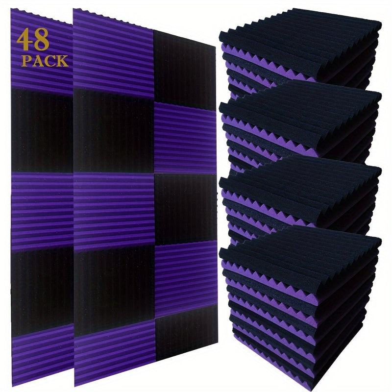 Conjunto de 48 Cuñas Acordeónicas Negras y Moradas - Paneles de Pared Insonorizantes de 30.48cm x 30.48cm x 2.54cm para Grabación en Estudio, Reducción de Ruido e Isolamiento de Instrumentos Musicales (24 Negros + 24 Morados), Configuración de Aislamient
