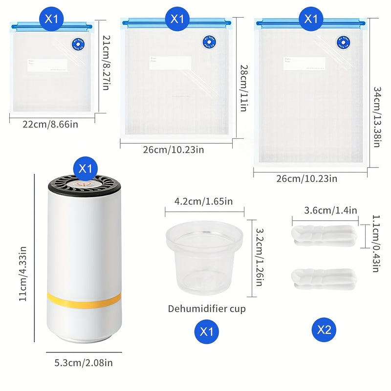 22P/7P Máquina de aspiración eléctrica inalámbrica + 19 piezas de bolsas de sellado de vacío reforzadas (Grande/Mediana/Pequeña) + 1 taza deshumidificadora + 2 clips de sellado | Modo de extracción seco y húmedo de un solo botón | Artefacto de conservaci