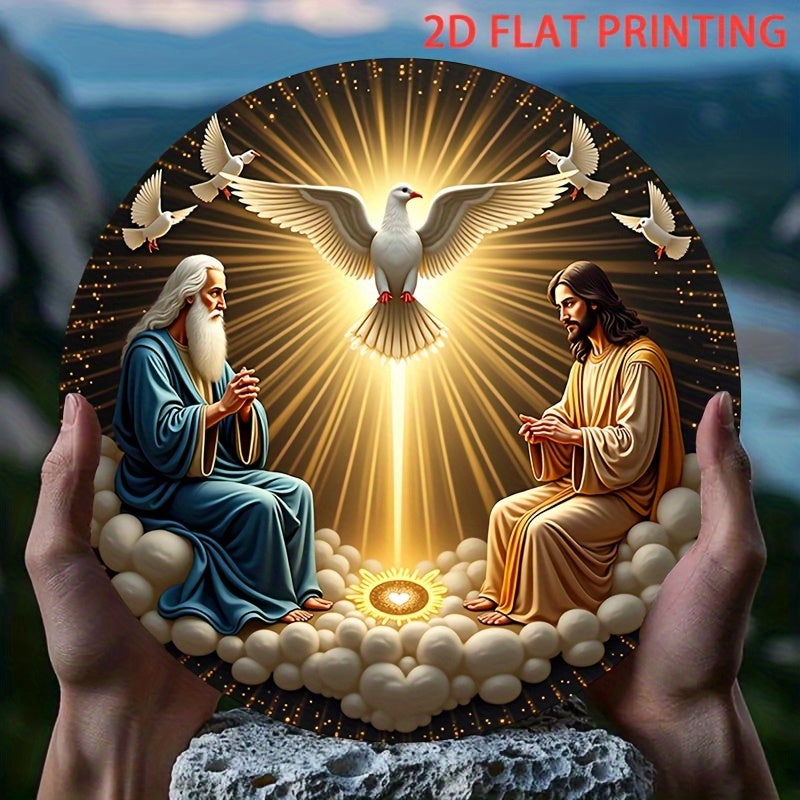 Letrero de Pared Artificial Redondo de Madera 2D, 8 Pulgadas - Sagrada Trinidad con Paloma y Ángeles, Diseño Religioso Estilo Clásico Americano, Decoración para Interior/Exterior, Fácil Colgado en Puerta, Arte Espiritual Duradero para Hogar, Oficina o Bar