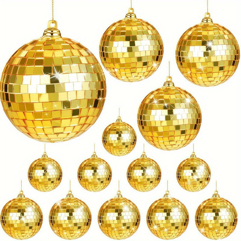 15 piezas de juego de pelotas de disco doradas - Tamaños variados para fiestas, cumpleaños y decoración del hogar - Vidrio espejo brillante, reflectante, resistente a la rotura y reutilizable - Perfecto para DJs y celebraciones festivas, decoraciones de