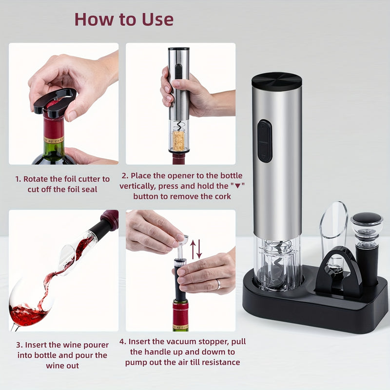 Juego de 5 en 1 para abrir botellas eléctricas, regalo creativo, abridor de vino tinto, abridor de batería seca, juego con base para verter y almacenar vino, completamente funcional.