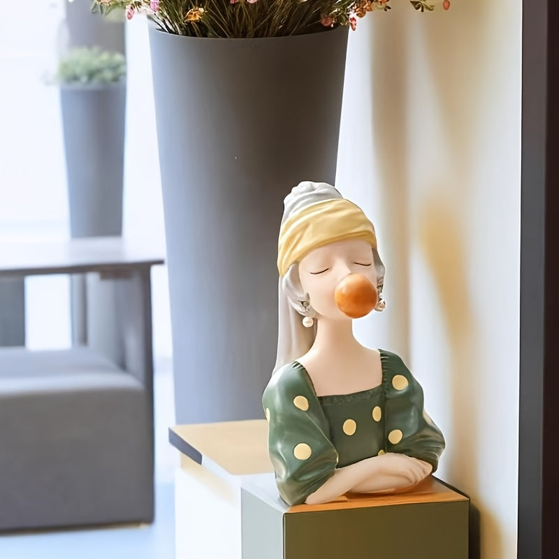 Figura Caprichosa de Resina - Chica con Pendientes y Soplándose Chicle en Burbuja, Decoración Nórdica para Sala, Dormitorio u Oficina, Sin Necesidad de Electricidad, Regalo Único de Cumpleaños o Inauguración de Casa, Adorno Fantasioso