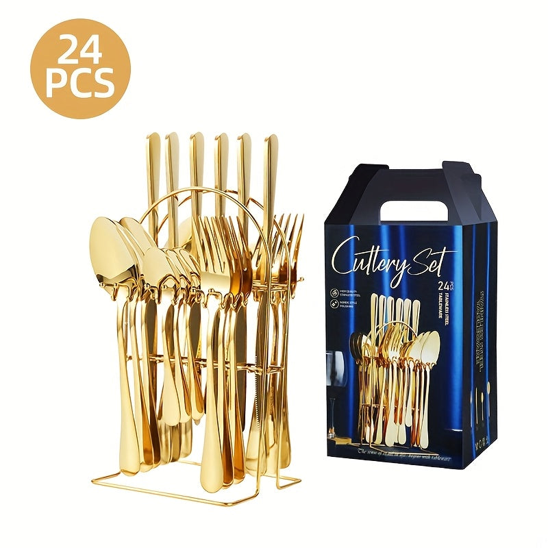 Juego de 24 piezas de cubiertos con colgador, incluye cuchillos, tenedores, cucharas, cucharitas y colgador, vajilla ideal para cenas familiares y reuniones, apto para lavavajillas