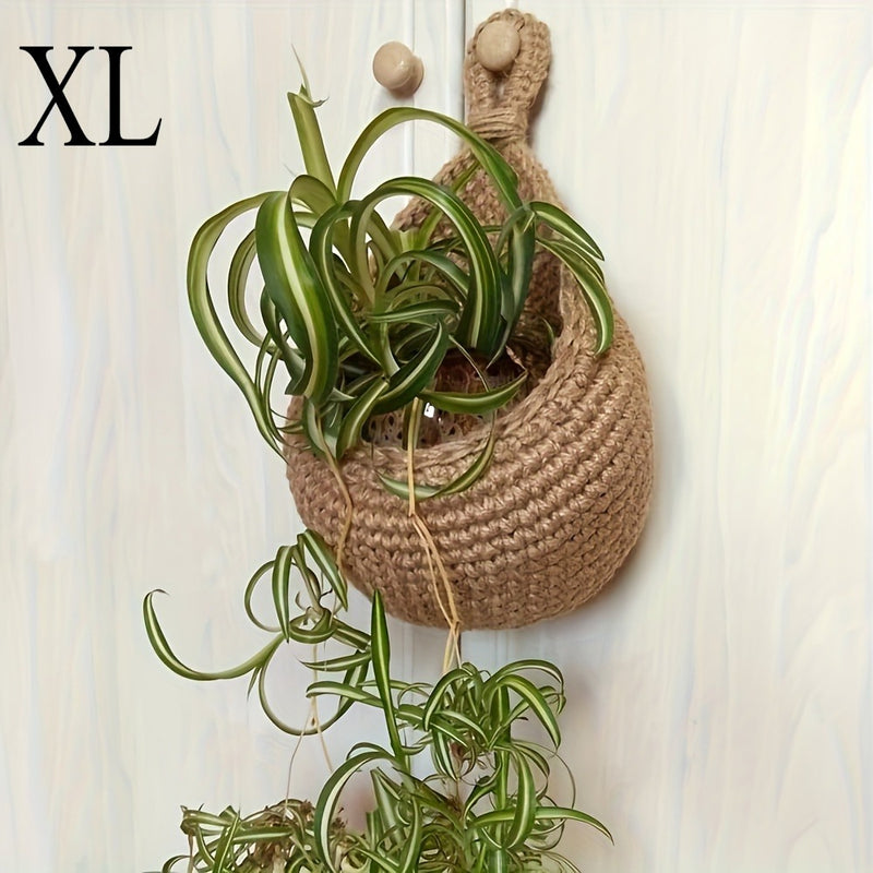 Canasta Colgante de Yute Tejida a Mano - Organizador Rústico para Pared de Cocina para Frutas y Verduras con Ganchos, Cesta de Fibra Natural de Alta Calidad para Interior/Exterior
