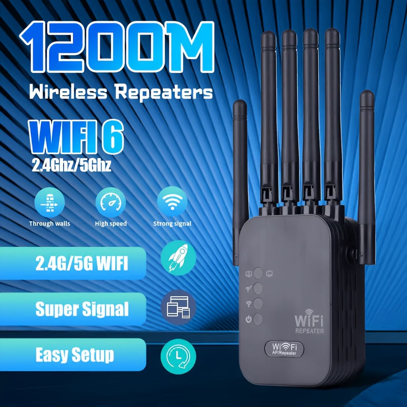 2025 Nuevo Potente Amplificador de WiFi, Repetidor de WiFi, 1200Mbps WiFi, Enchufe de EE. UU. (100-240V) para Cobertura en Hogares/Oficinas, Amplificador de Señal de WiFi de Alta Velocidad con Fuertes 6 Antenas - Puerto de Ethernet Conectado, Señal Poten