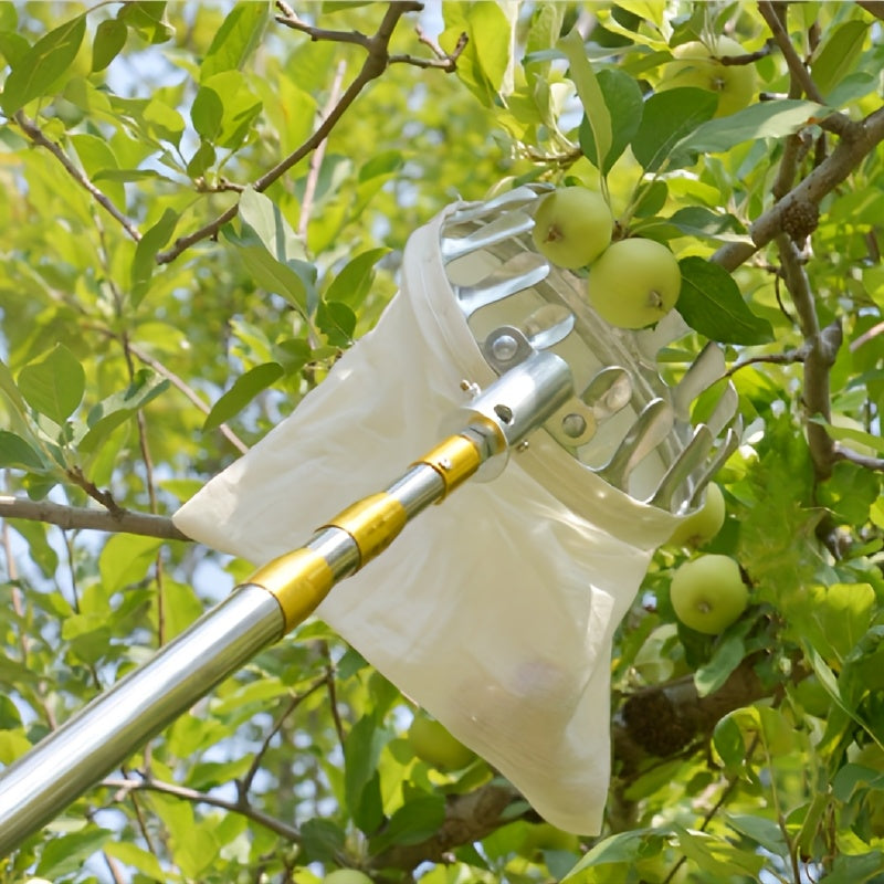 Pica de frutas telescópica portátil de acero inoxidable - Agarre antideslizante duradero sin rastros para mango, tomate, cerezas y más - Herramienta de cosecha manual con mango ergonómico y cesta de almacenamiento segura