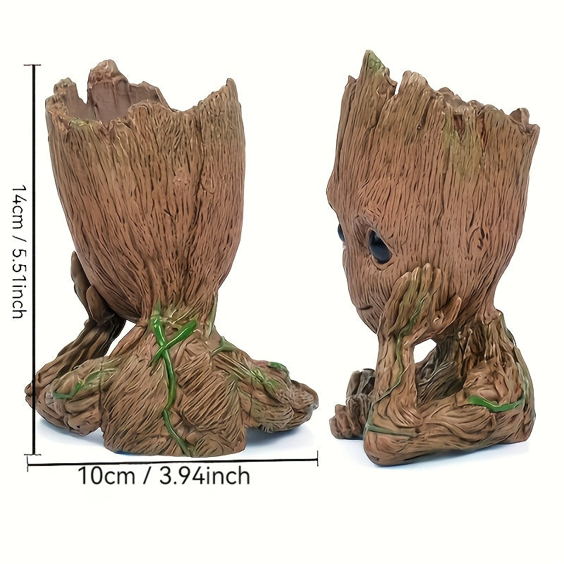 Maceta de Groot de Marvel - Árbol de dibujos animados lindo con flores rosas y blancas, hojas verdes, decoración de plástico duradera para interiores y exteriores, hogar, oficina, jardín, decoración de jardín de gnomos.