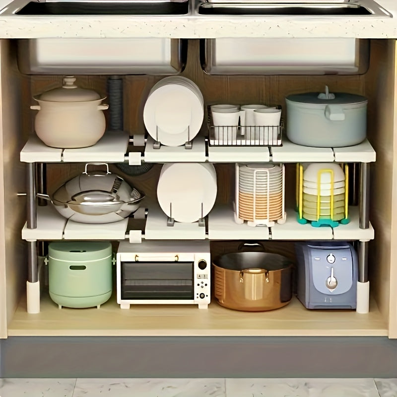 Organizador Extensible de 1 Nivel para Debajo del Fregadero - Acero Inoxidable y Plástico, Ajustable y Espacioso para Cocina y Baño, Instalación Fácil con Guía, Idea de Regalo para el Día del Padre, Diseño Moderno y Limpio, Postes Metálicos