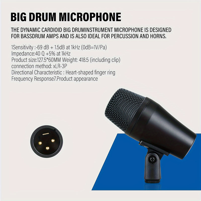 Micrófono Premium para Bajo con Montura de Clip - Alimentado por USB, Conector XLR para Instrumentos de Baja Frecuencia y Actuaciones En Vivo, Aleación de Aluminio Negra