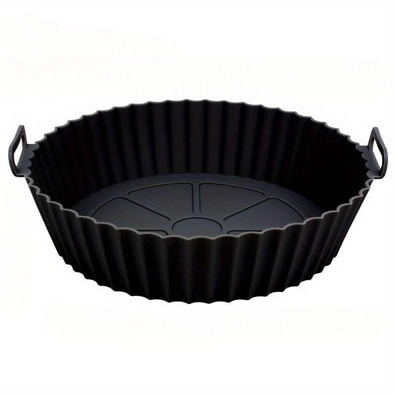 Una pieza de sartén de silicona para freidoras de aire, con un diseño plegable tridimensional. Esta bandeja redonda de silicona reutilizable de 8 pulgadas sirve como forro para hornear a alta temperatura.
