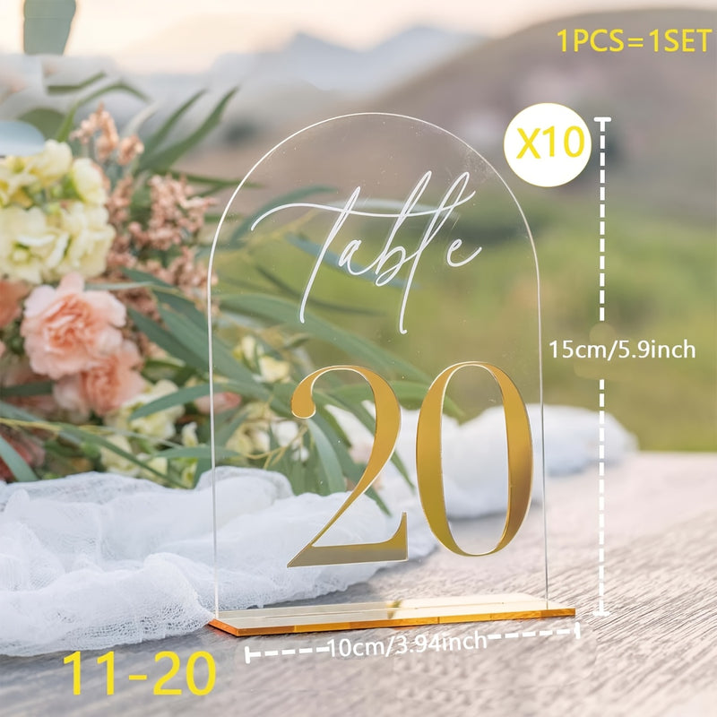 1 SET de números de mesa de boda de acrílico del 1 al 10 con soporte 10 x 15cm Números dorados elegantes Acrílico grueso y duradero Indicador de número de mesa adecuado para recepción, cumpleaños, aniversarios, decoración de centro de mesa de bodas, etc.