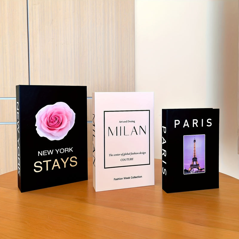 3 libros decorativos de lujo - "Nueva York se queda" con diseño de rosa, "Milán" libro de moda y "París" guía de viajes - Ideal para decoración de hogar, oficina o café, decoración de oficina | Exhibición de libros elegantes | Estilo Art Deco