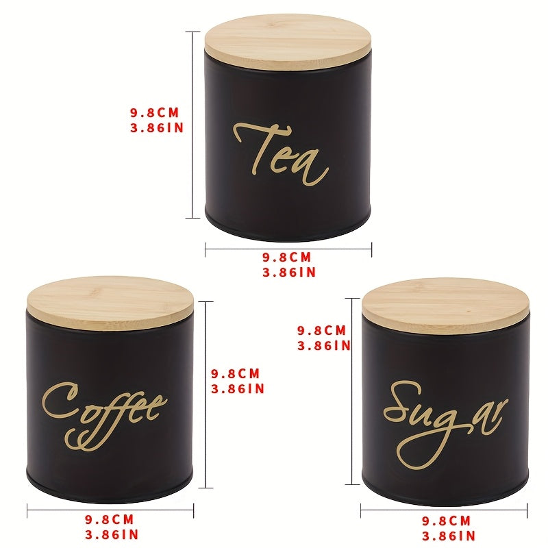 Juego de 3 tarros con tapa de bambú metálica sellados para café, dulces, té, botella de cocina y contenedor de alimentos para fiestas al aire libre