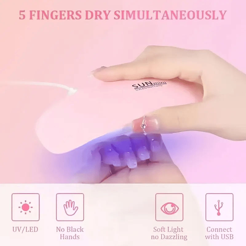 Mini Lámpara Portátil para Uñas con 6 LED - Rosa y Blanco, Alimentación USB, Diseño Plegable, Ideal para Pulir y Secar Gel - Perfecta para Cuidado de Manos, Pies y Uñas