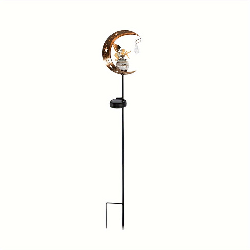 Luz solar para jardín de hadas con diseño de luna FACHOI - LED dorado elegante con esfera de vidrio agrietado y silueta de metal, ideal para decoración de caminos, césped, patios e iluminación exterior, decoración de cuento de hadas, opción de iluminació