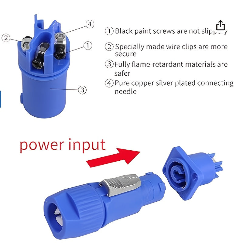 Juego de 5 Conectores de Alimentación AC Azules de 3 Pines, 20A/250V, Compatibles con NAC3FCA, NAC3FCB, NAC3MA-1, NAC3MPB-1 - Ideales para Iluminación de Escenario y Pantallas LED, Accesorios de Iluminación de Escenario, Diseño de Agarre Estriado, Constr