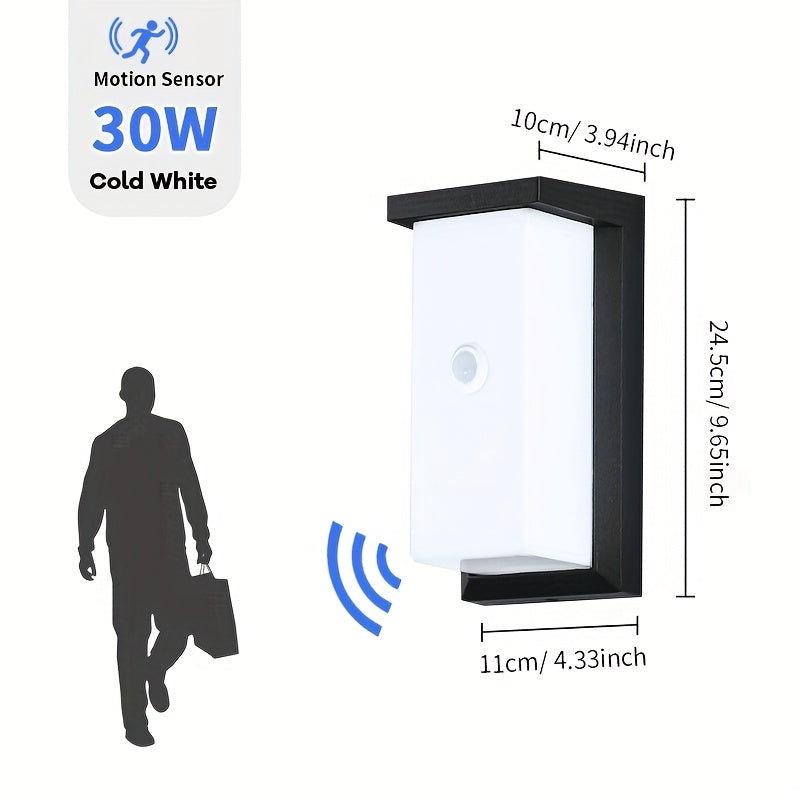 Luz de pared LED PIBAOGU 16W-30W con sensor de movimiento, IP55, alta calidad para exteriores, jardines y pasillos, 85-265V, amplio rango de voltaje, diseño negro elegante para escaleras, porches, balcones, garajes, patios, luces de patio, fijo cilíndric