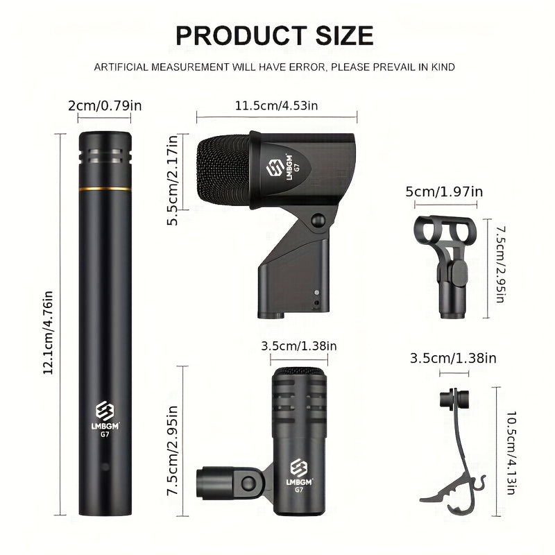 Kit de Micrófono para Instrumentos LMBGM G7 de 7 Piezas con Cable para Batería, Micrófono Dinámico para Bajo, Tom, Platillo y Charles, Uso para Batería, Voz, Banda, DJ, Escenario y Grabación Instrumental en Vivo