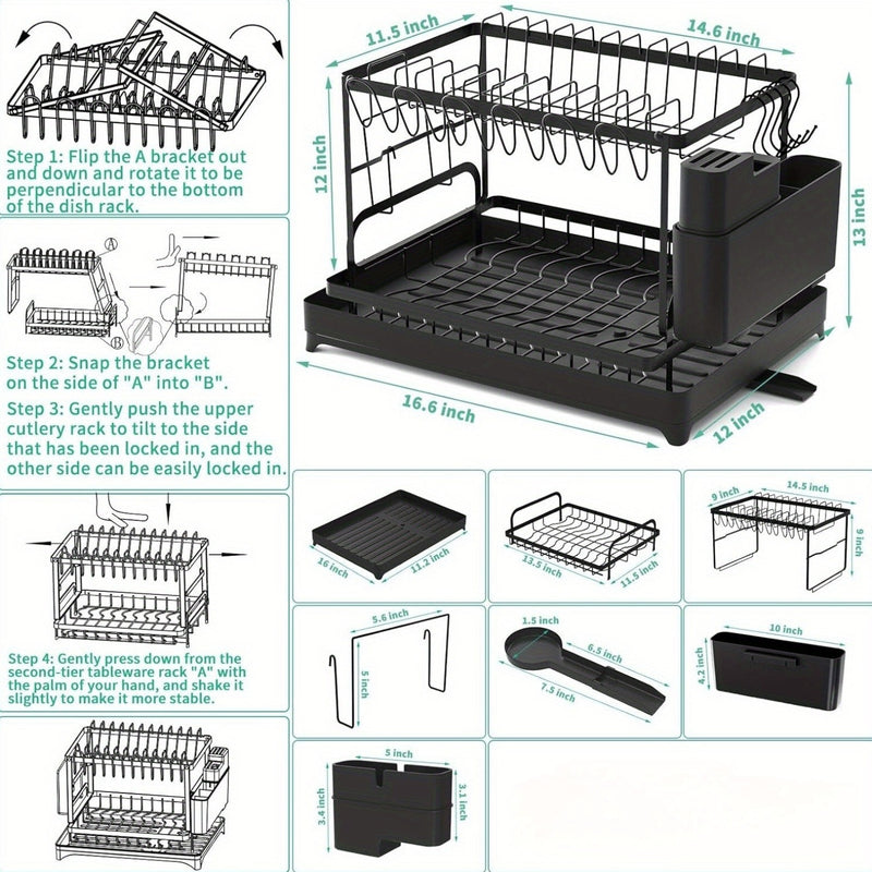 Estante de platos de acero inoxidable de 2 niveles con bandeja de drenaje giratoria incorporada, incluye soporte para cuchillos y palillos para almacenamiento eficiente de 25-32 platos (10-12 platos, 15-20 tazones)