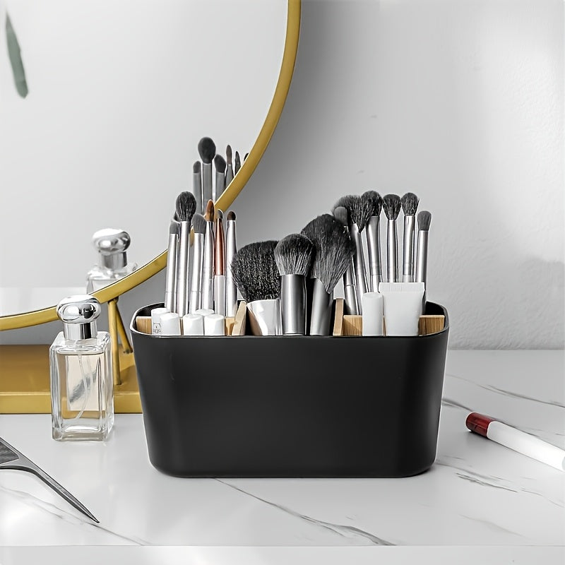 Portarrollos de dientes para baños, soporte de cepillo de dientes de bambú con 5 ranuras organizador de tocador para baño para cepillos de dientes eléctricos, pasta de dientes, rasuradoras - Negro