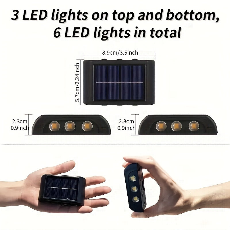 6 luces solares LED para exteriores, iluminación de pared con luz cálida y fría, IP65 impermeable, alimentadas por energía solar con batería de níquel recargable, incluye hardware de instalación, ideal para patio, jardín, porche, barbacoa y decoración de