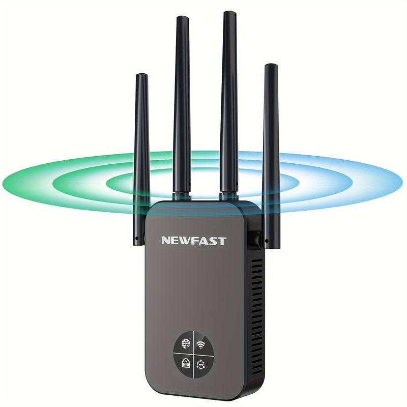 Repetidor Extenso de WiFi NEWFAST 1200Mbps, Modelo OLED 5G AC1200 con 4 Antenas, Amplificador de Largo Alcance, Enchufe Estadounidense, Compatible con 802.11ac, Repetidor Inalámbrico de Alta Potencia para Mejorar el Rango de la Red, Extensor de Wifi