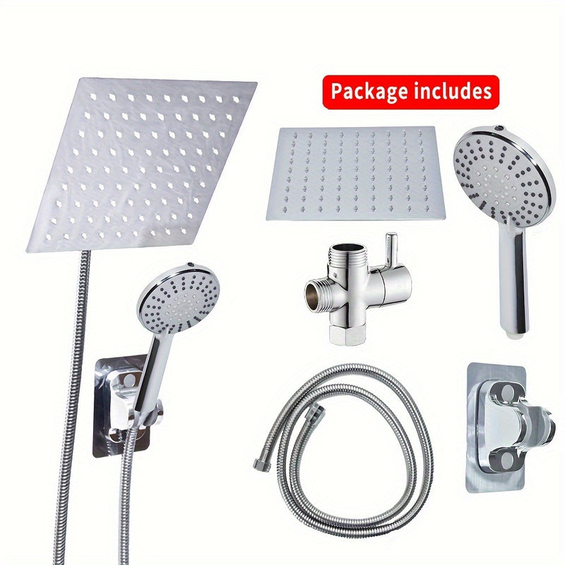 Juego de Cabezal de Ducha de Lluvia Cuadrado de Alta Presión MLD con 2+5 Modos de Rociado - Manillar, Acero Inoxidable y ABS, Incluye Manguera Extra Larga de 149.86cm, Desviador de 3 Vías, Montaje Adhesivo, No Necesita Energía, Decoración de Regalo para