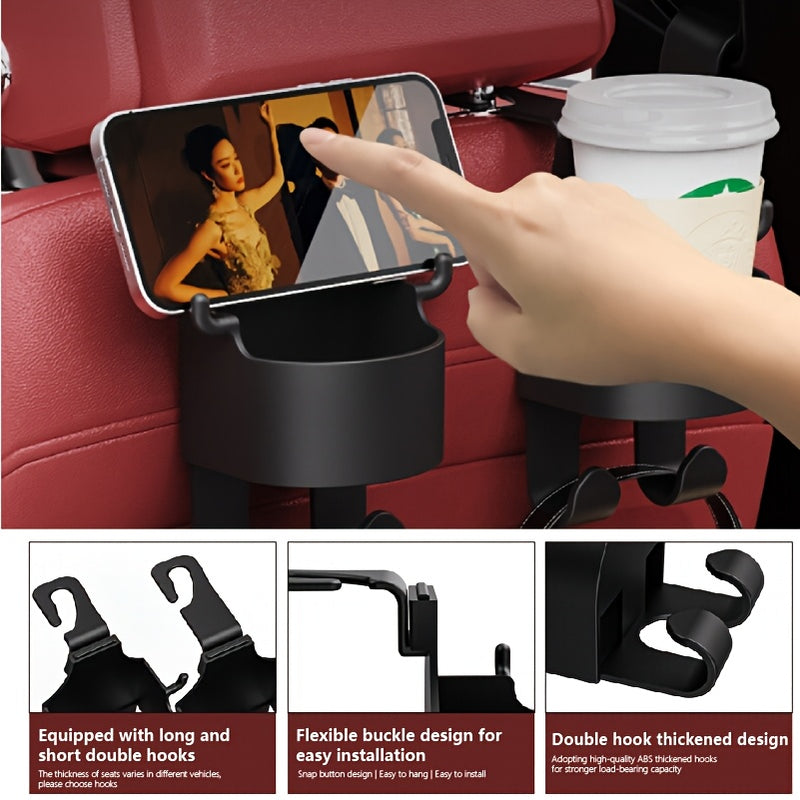 Portavasos para coche con diseño de gancho oculto, almacenamiento multicapa resistente, ahorro de espacio, carga estable sin vibraciones, estética discreta, seguridad al conducir y adaptabilidad a diferentes grosores del asiento
