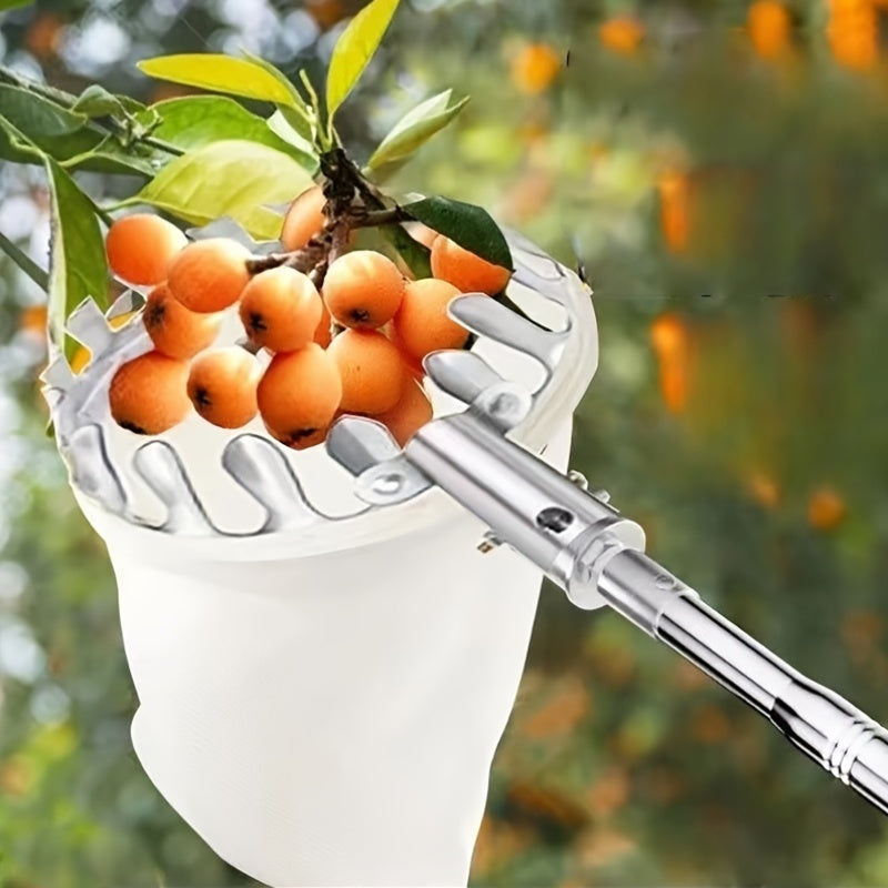1pc Recogedor de frutas extensible de acero inoxidable con varilla telescópica - Herramienta de cosecha de jardín para alcanzar manzanas, caquis, mangos, nísperos con cesta de absorción de impactos, alcance de 74 pulgadas