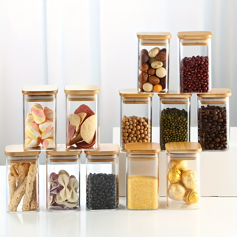 Juego de 12 frascos de vidrio cuadrados con tapas de bambú, reutilizables, contenedores multiusos para té, café, harina, azúcar, dulces, galletas y especias
