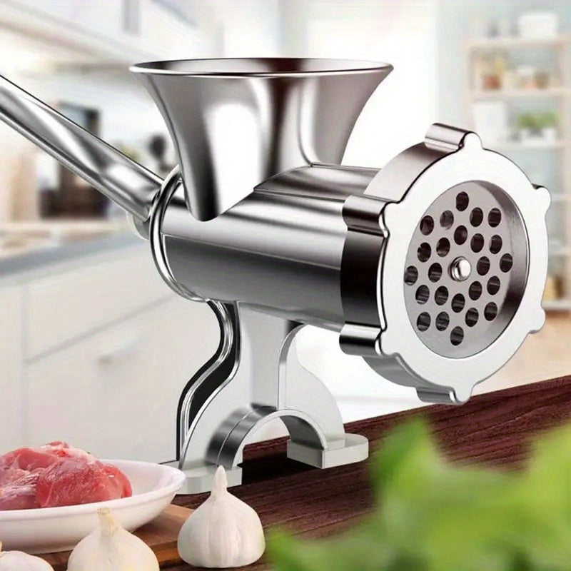 Molino de carne manual de acero inoxidable y picadora de verduras - 2 en 1, herramienta multifuncional para cocina con procesamiento de salchichas, cebolla picada y ajo, cuerpo de hierro fundido resistente, soporte de mesa ajustable, no necesita electric