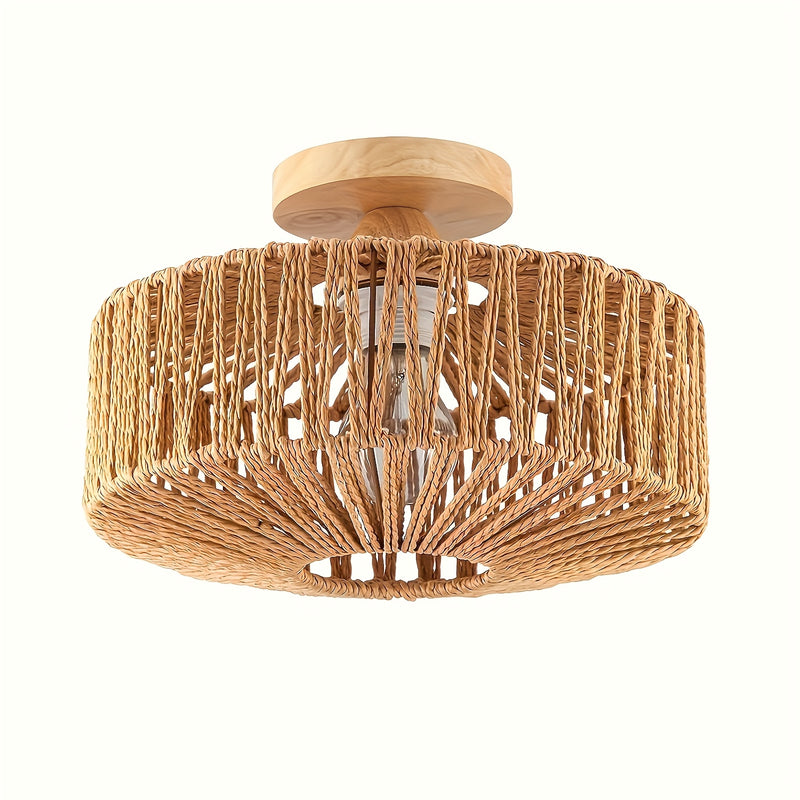 1 pieza - Lámpara de Techo Semienterrada de Ratán, Iluminación para Áreas Comerciales en Salón de Comedor, Café, Decoración de Bar, Lámpara de Techo Estilo Boho con Pantalla de Mimbre Tejido a Mano, Colgante Estilo Granja Boho