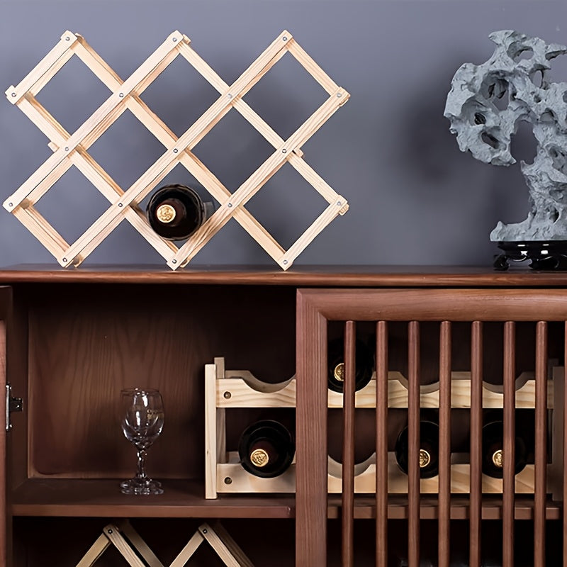 Este soporte de vino plegable puede contener 10 botellas y está hecho de madera, adecuado para cocinas, bares y mostradores de vino.