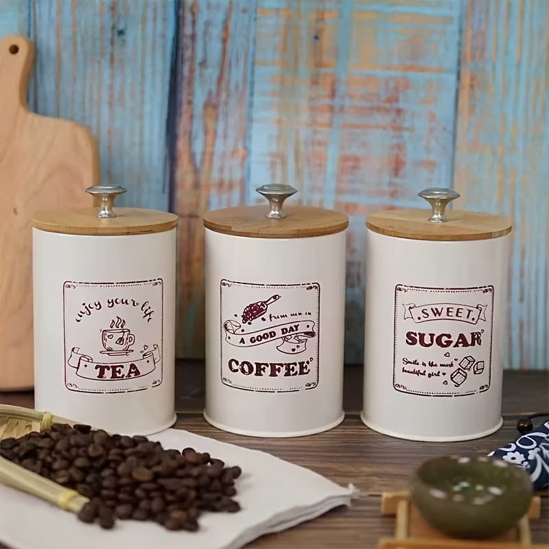 3 piezas/conjunto Cubiertas de frasco de mostrador de cocina, Cubiertas de frasco de cocina retro metálicas, Tres conjuntos, Cubiertas de frasco de café azúcar té, Frascos de almacenamiento de alimentos con tapas de bambú, Decoración de cocina de granja