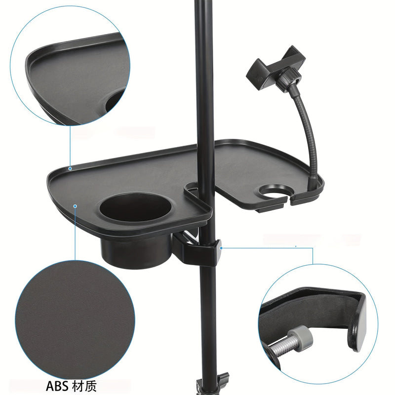 Soporte de micrófono ajustable con bandeja y soporte para teléfono inteligente con abrazadera, material ABS, ajuste universal para escenario, transmisión en vivo y conciertos - Negro