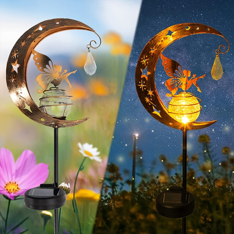 Luz de jardín lunar de hada alimentada por energía solar - Diseño caprichoso de mariposa y estrella, decoración de camino al aire libre para jardín, patio y porche, resistente a la intemperie IP65, batería de níquel cargada por energía solar, capacidad d