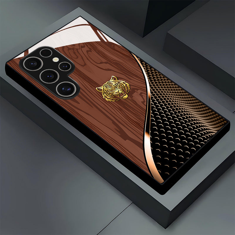 Tigre dorado elegante con patrón de textura marrón, funda de vidrio para teléfono para for samsung para for galaxy S25/S25 Plus/S25 Ultra/S24/S24 FE/S24 Plus/S24 Ultra/S23+/S23 Ultra/S22+/S22 Ultra/S20+/S20 FE/S20 Ultra/A13/A14/A16/A32/A33/A34/A53/A54/A7