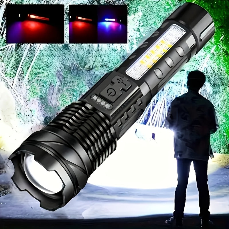Una linterna multifuncional para exteriores, con un zoom telescópico súper brillante, luz de camping recargable, adecuada para viajes, camping, senderismo, pesca y emergencias.