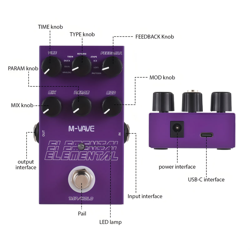 Electro-Vibe M-Vave Pedal de Retardo Digital - 9 Modos, Retardo Largo de 3000ms, Salida Estéreo, Calidad 24bit, Carga USB, Aleación de Aluminio, Sin Batería Necesaria, Pedal de Efectos de Guitarra | Diseño de Pedal Vibrante | Construcción Duradera