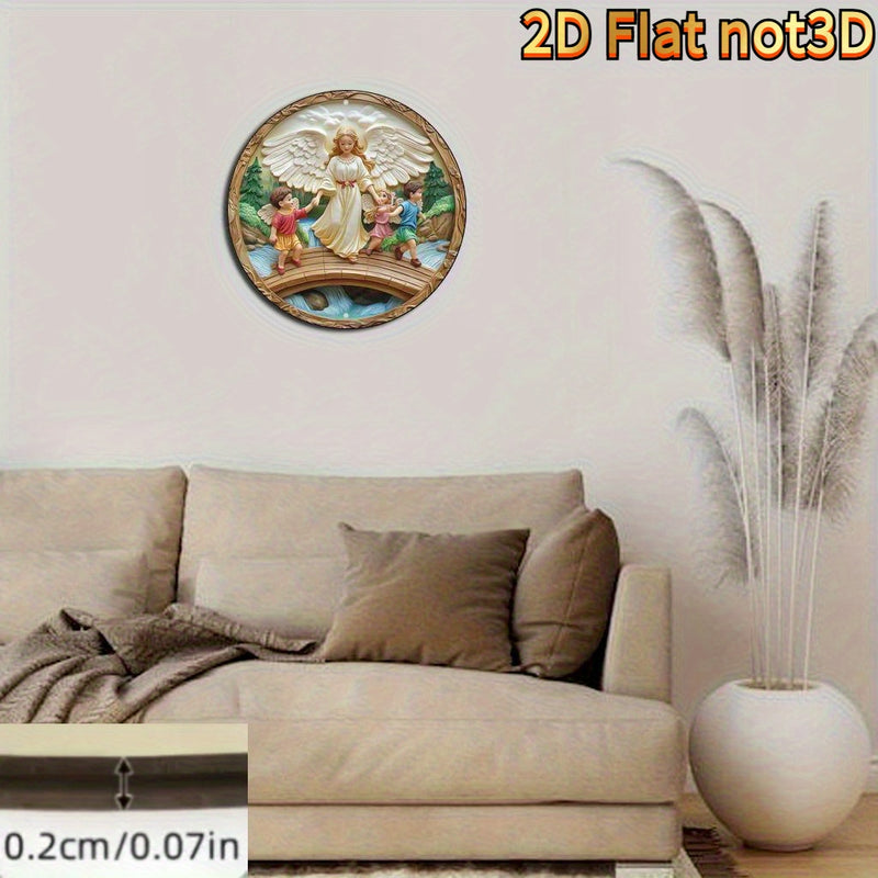 Arte de Pared Redondo de Madera con Ángel Guardián 2D Plano - Escena de Ángel y Arroyo, Perfecto para el Hogar, Oficina o Regalos del Día de San Patricio, Día de San Valentín, Decoración de Ángeles, 2D Plano