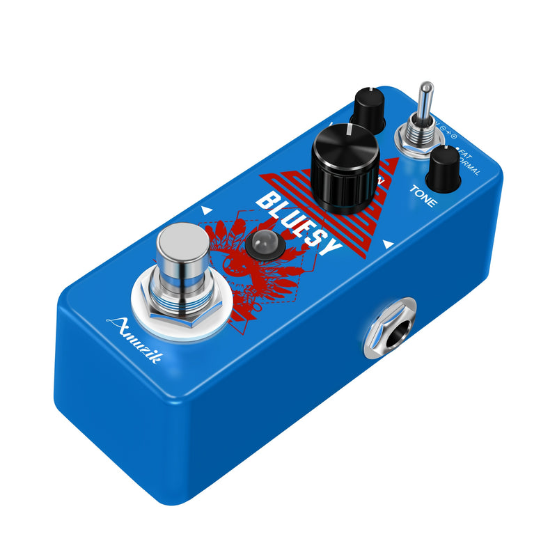 Amuzik Blues Driver Pedal de Guitarra - Efecto Overdrive Vintage con Potenciómetro, Volumen y Tonos, True Bypass, Alimentación USB, Compacto para Guitarra Eléctrica y Bajo - Diseño Gráfico Audaz, Construcción Robusta para Uso en Vivo y Estudio, Rendimien
