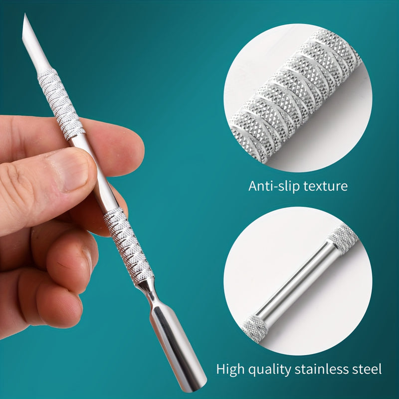 Púsher de callos de acero inoxidable profesional, quitacallos de doble cabeza con papel de lija de 240 granos, herramienta de preparación de uñas para manicura pedicura arte, producto de cuidado de uñas para pies y manos sin fragancia
