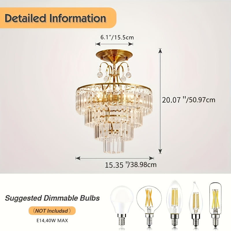Luminaria de techo de cristal dorado elegante con luz de techo E14 - Montaje semi-empotrado moderno para dormitorio, salón, cocina, pasillo, comedor, dirección de luz arriba y abajo, cableado duro 110-240V, sin accesorios incluidos, Diseño de araña moder