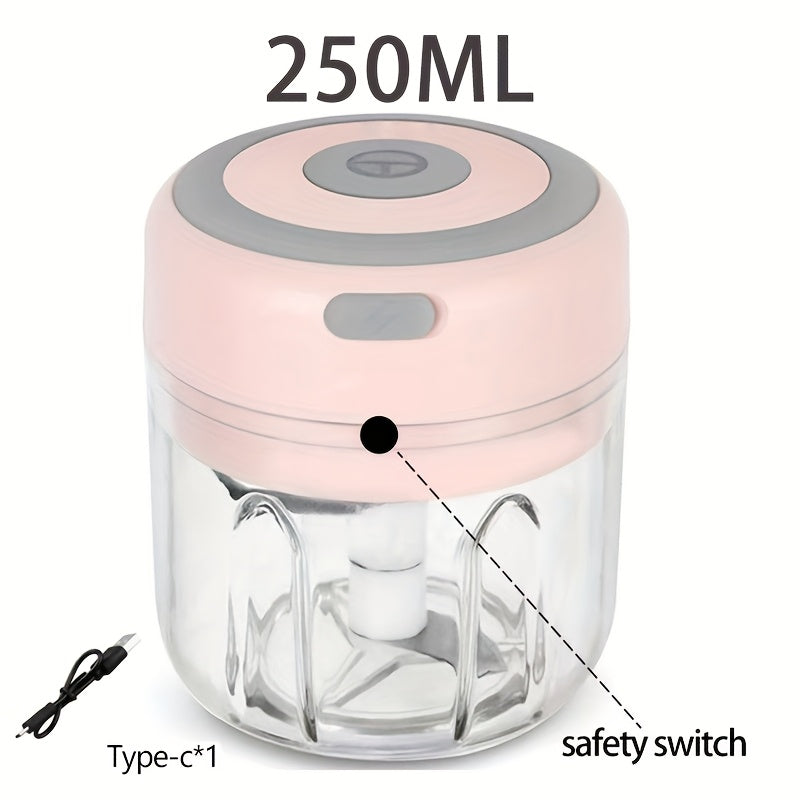 Picadora de ajo eléctrica compacta con una capacidad de 100/250 ml, molinillo de carne alimentado por USB y un diseño robusto para picar ajo, jengibre y verduras, ideal para uso en la cocina.