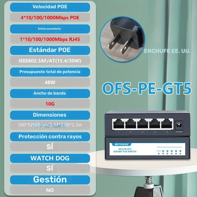 Interruptor POE Gigabit de 1000M 10G Boardband Velocidad rápida 5 Puertos Gigabit Ethernet Switch Hub para cámaras CCTV 10/100/1000M RJ45 IEEE802.3ATAF 30W POE Plus Interruptor de red POE