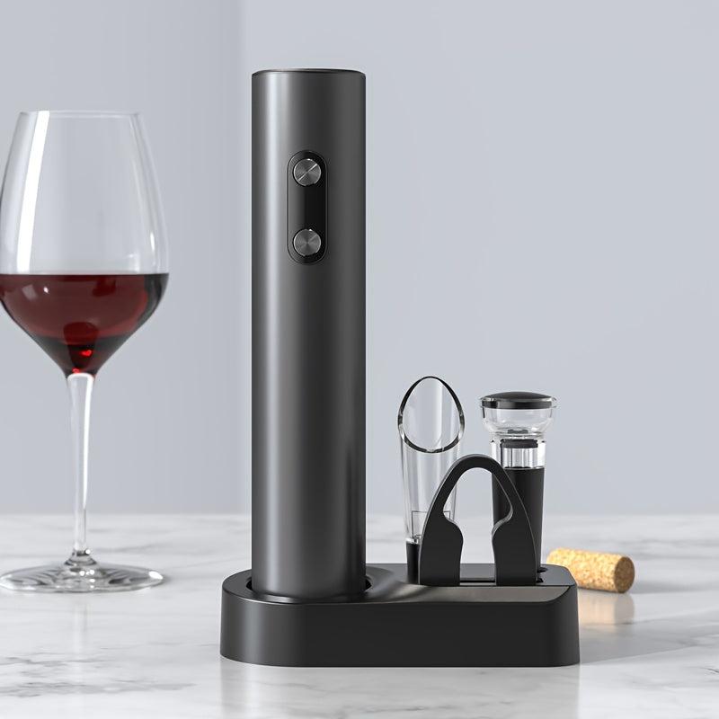 Juego de Abrebotellas Eléctrico Automático de 5 Piezas, Cortador de Papel Aluminio, Tapones y Base de Almacenamiento - Funciona con Batería Seca, Requiere 4 Pilas AAA (No Incluidas) - Corcho para Mantenimiento del Vacío Fresco, Vertedor, Juego de Vajilla
